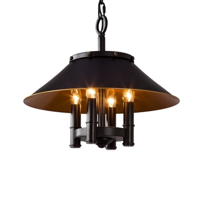 Black 4 Lights Chandelier Lamp Industrial Metallic Conical Shade Pendant Light Fixture for Dining Room