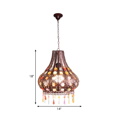 Bohemia Teardrop Ceiling Pendant Light Metal 1 Bulb Hanging Lamp with Decorative Gem in Weathered Copper