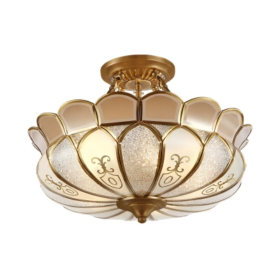 Brass 4 Lights Semi Flush Mount Lighting Colonialism Curved Frosted Glass Scalloped Ceiling Mounted Light for Dining Room