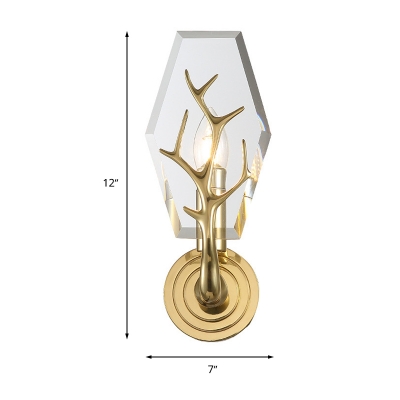 Clear 1 Light Wall Lighting Idea Modern Crystal Panel Sconce Light for Living Room with Antler Deco