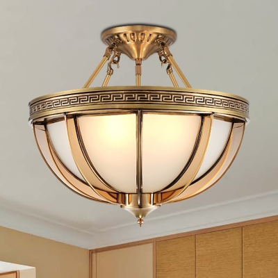 Colonial Dome Ceiling Mount Light Fixture 3/4 Bulbs Opaque Glass Semi Flush Chandelier in Brass, 16.5