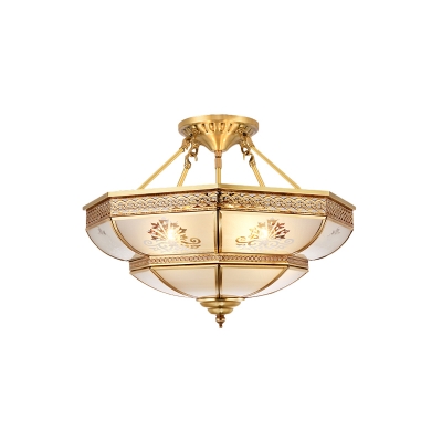 Colonial Dome Ceiling Mount Light Fixture 4 Bulbs Cream Glass Semi Flush Chandelier in Brass for Living Room