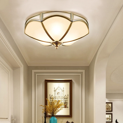 Colonialism Scalloped Ceiling Mount Light Fixture 3 Bulbs Opal Frosted Glass Flush Mount Chandelier in Brass for Foyer