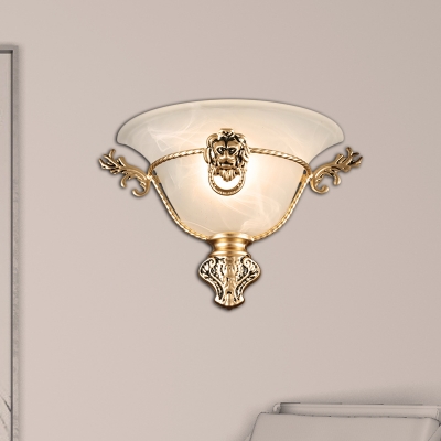 Colony Bell Sconce Milky Glass 1 Bulb Wall Mounted Light Fixture with Copper/Brass Metal Lion