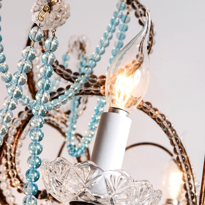 Country Style Pendant Light with Blue Crystal Drop 6 Lights Metal Chandelier Lamp with 19.5