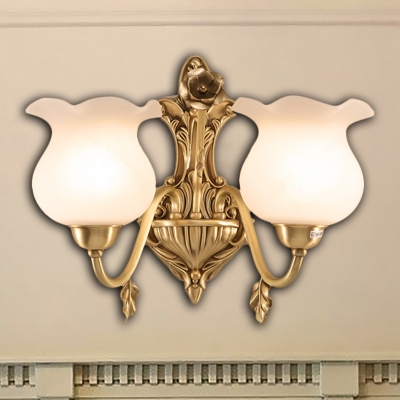 Curved Arm Sconce Light Colonial White Glass 1/2 Heads Brass Wall Mounted Lamp for Living Room