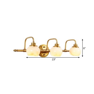 Curved Arm Vanity Sconce Modernism Metal 2/3 Heads Brass Wall Lamp Fixture with Globe Milky Glass Shade