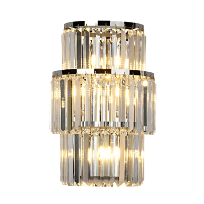 Cylinder Wall Lamp Modern Faceted Clear Crystal Prism 3 Lights Living Room Wall Sconce Light in Silver