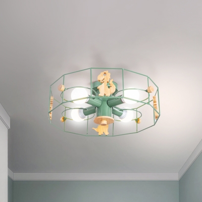 Drum Cage Shade Semi Mount Lighting Cartoon Metal 4 Lights Ceiling Lamp with Dinosaur Decoration in Green Finish
