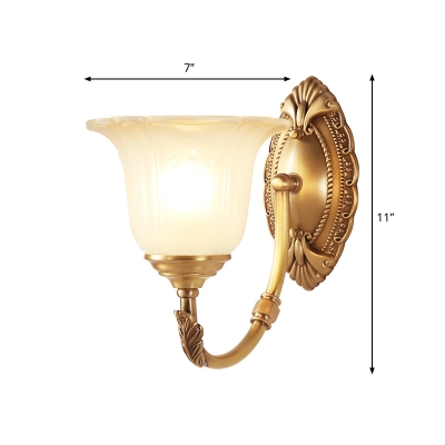Gold 1/2-Bulb Wall Mounted Light Vintage Style Metal Curved Wall Light with Opal Glass Petal Shade