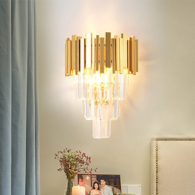 Gold 4 Tiers Sconce Light Fixture Modern 2 Heads Three Side Crystal Rod Wall Mount Light
