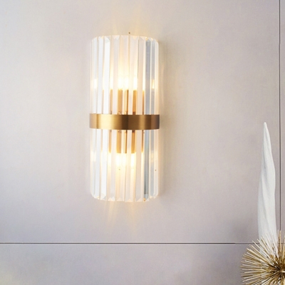 Gold Cylinder Wall Light Fixture Modern 2 Heads Tri-Sided Crystal Rod Sconce Light