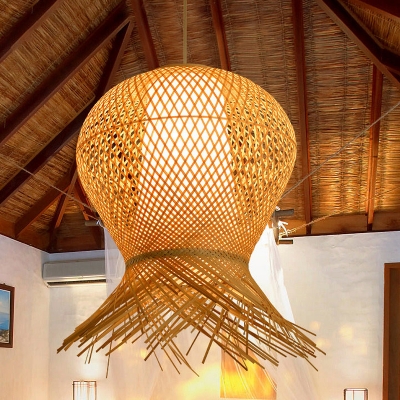 Handmade Bamboo Hanging Ceiling Light Asian Modern Single Light Pendant Lamp in Beige, 12