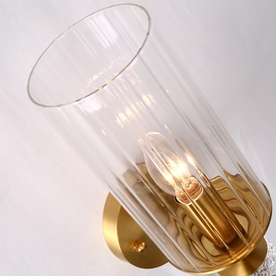 Indoor Wall Light Fixture with Cylindrical Clear Glass Shade Mid Century 1 Head Wall Sconce in Brass