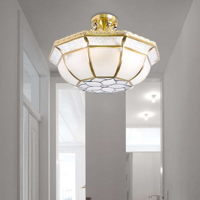 Ivory Glass Bowl Ceiling Lighting Colonial 4 Heads Bedroom Semi Flush Mount Light Fixture in Brass