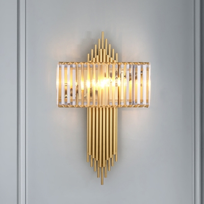 Metal Tube Wall Lighting Modern 2 Lights Golden Wall Sconce Fixture with Rectangular Clear Crystal Shade,14.5