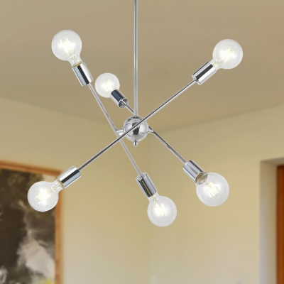 Mid-Century Sputnik Chandelier Lighting Metal 6/8 Lights Living Room Pendant Lamp with Bare Bulb in Brass/Chrome Finish