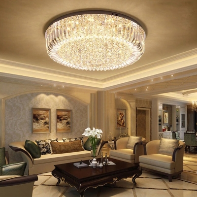Modern Drum Flush Mount Light Fixture Clear Faceted Crystal Living Room LED Ceiling Light in Warm/White/3 Color Light