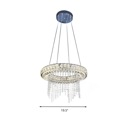 Nickel LED Hanging Pendant Light Modern Crystal Circle Hanging Chandelier for Living Room with Clear Glass Droplets