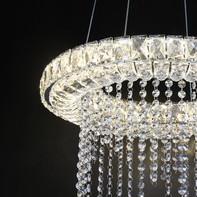 Nickel LED Hanging Pendant Light Modern Crystal Circle Hanging Chandelier for Living Room with Clear Glass Droplets
