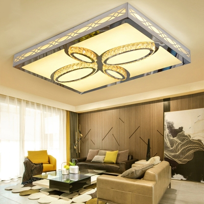 Rectangle Living Room Flush Mount Modern Acrylic LED White Ceiling Lighting in Warm/White/3 Color Light with Crystal Deco