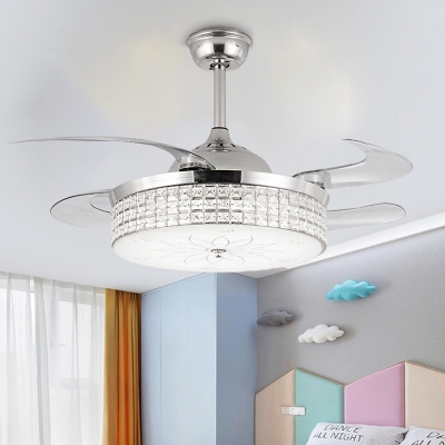 Silver/Gold Cylinder Ceiling Fan Light Modern Crystal Led Flush Mount Light Fixture with Remote Control/Wall Control/Remote Control and Wall Control