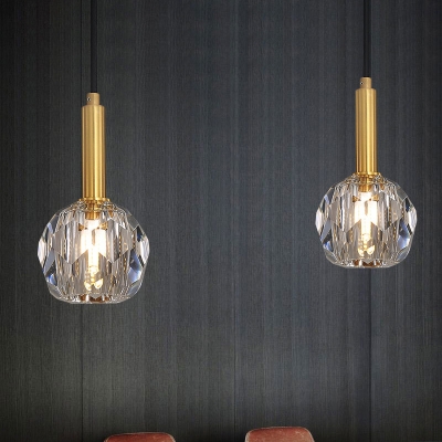 Simple Faceted Ball Pendant Clear Crystal 1-Light Dining Room Hanging Lamp Kit in Gold