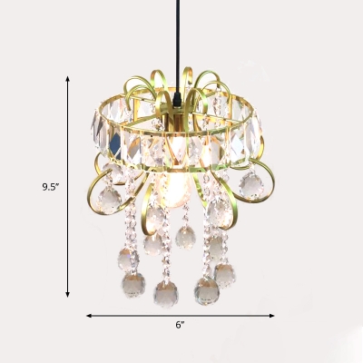 Simple Hoop Iron Mini Suspension Pendant Light 1 Light Gold Ceiling Light Fixture with Crystal Droplets
