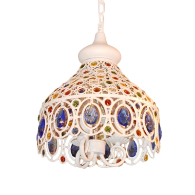 White Dome Hanging Ceiling Light Bohemia 3 Lights Metallic Pendant Lighting with Blue Crystal Accents