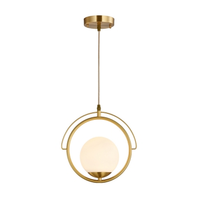 White Glass Globe Pendant Light Postmodern 1 Head Gold Hanging Ceiling Light with Ring Metal Frame