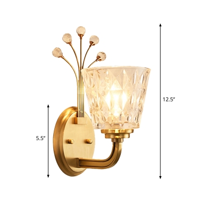 1/2-Light Tapered Wall Lighting Fixture Modernism Flush Wall Sconce with Clear Glass Shade and Crystal in Brass Finish
