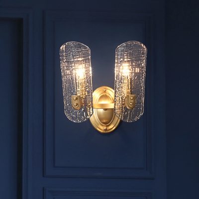 1/2 Lights Clear Water Glass Wall Lamp Contemporary Gold Curved Living Room Sconce Light Fixture