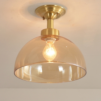 1-Light Amber Glass Semi Flush Colonialist Brass Bowl Indoor Close to Ceiling Lighting