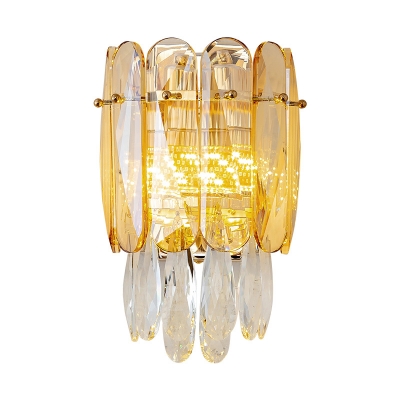 2 Heads Bedroom Wall Lamp Postmodern Gold Sconce Light with Half-Cylinder Crystal Block Shade