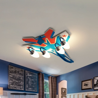 4 Heads Airplane Ceiling Flush Mount with White Glass Shade Kids Flush Light in Blue