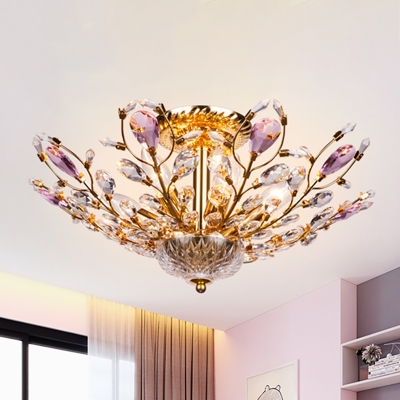 6 Lights Branch Semi Flush Mount Lighting Contemporary Metal and Crystal Ceiling Lamp in Gold