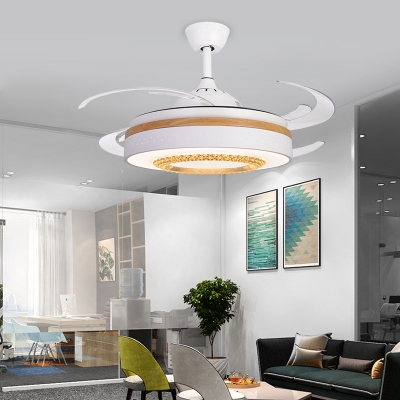 Amber Crystal Drum Flush Lamp with Fan Nordic LED White Semi Mount Lighting with Wood Element