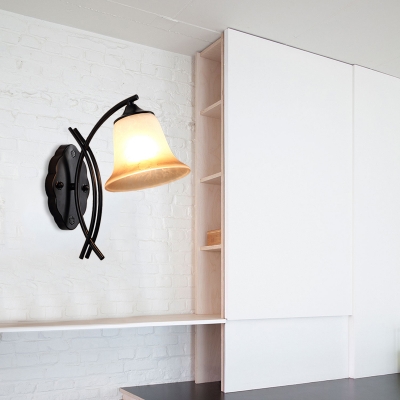 Bell Shape Living Room Wall Light Fixture Rustic Opal Glass 1 Light Black Sconce
