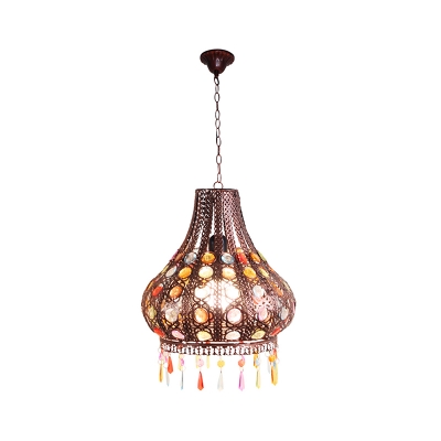 Bohemia Teardrop Ceiling Pendant Light Metal 1 Bulb Hanging Lamp with Decorative Gem in Weathered Copper