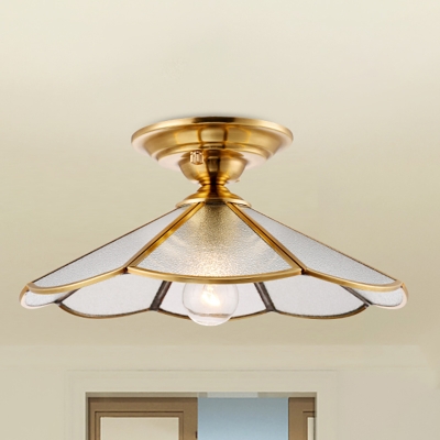 Brass 1 Light Ceiling Lamp Colonialism Bevel Frosted Glass Scalloped Flush Mount Ceiling Light for Porch, 12