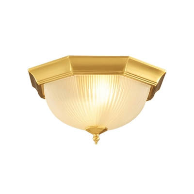 Brass 2/3 Heads Flush Mount Lamp Colonialism Prismatic Sandblasted Glass Bowl Ceiling Fixture, 12.5