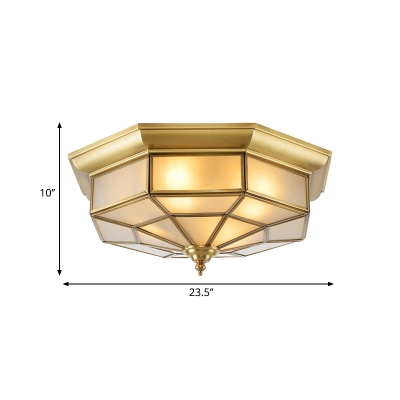 Brass 4/6 Heads Flush Mount Lamp Colonialism Sandblasted Glass Prismatic Ceiling Fixture for Living Room, 17