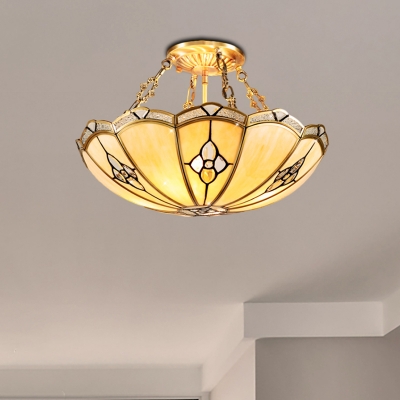 Brass 4 Heads Semi Flush Light Colonialism Sandblasted Glass Scalloped Ceiling Fixture for Bedroom, 18