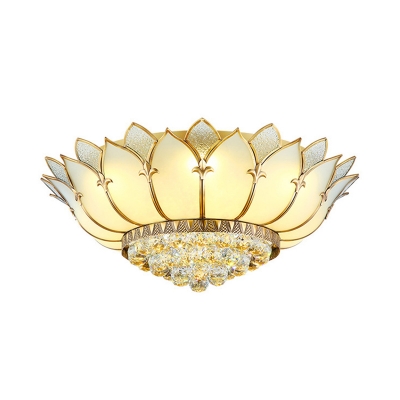 Chinese Style Lotus Ceiling Flush Mount Prismatic Glass 5 Lights Bedroom Ceiling Light Fixture in White with Crystal Finial