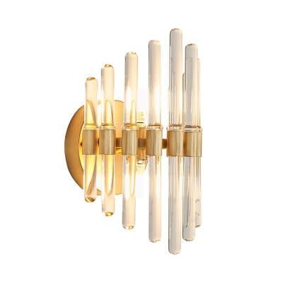 Clear Crystal Tubular Wall Sconce Contemporary 2 Bulbs Gold Finish Wall Mount Light for Living Room