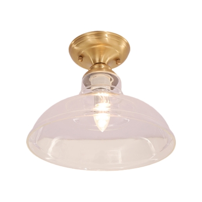 Colonial Dome/Cone/Barn Ceiling Light Fixture 1 Bulb Clear Glass Flush Mount Lighting in Brass, 6