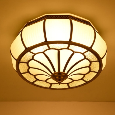 Colonial Drum Ceiling Mounted Light 4 Bulbs Prismatic Opaline Glass Flush Mount Light Fixture in Brass