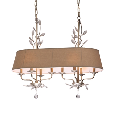French Style Oblong Ceiling Pendant 8-Light Flaxen Fabric Hanging Lamp over Island with Crystal Element