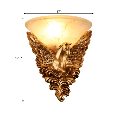 Gold Flared Flush Mount Colonial Cream Glass 1 Bulb Living Room Wall Sconce Light