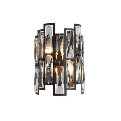 Half Cylinder Wall Lamp Clear Crystal Block 2 Lights Contemporary Wall Mount Lamp in Black